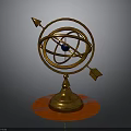 Vintage Brass Armillary Sphere With Red Wooden Base Blue Gemstone And Decorative Arrows