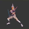 Bird Headed Humanoid Character Wielding Dual Swords In Dynamic Combat Stance