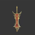 Fantasy Red And Silver Sword With Horned Design Metallic Sharp Edge And Intricate Details