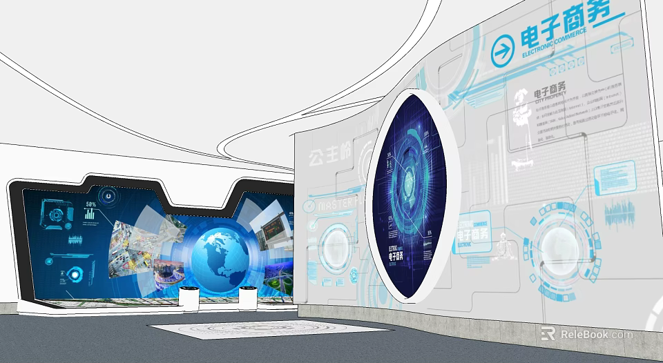 Modern Electronic Commerce Exhibition Hall With Digital Globe And Circular Screens 3d model