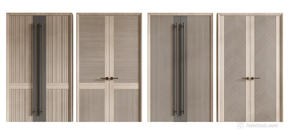 Modern Wooden Double Doors With Vertical Slats And Sleek Metal Handles Design 3d model 