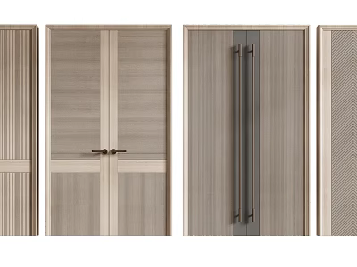 Modern Wooden Double Doors With Vertical Slats And Sleek Metal Handles Design 3d model