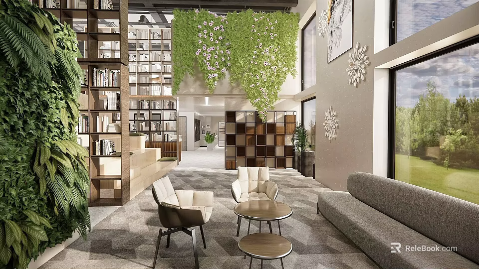 Modern Office Interior With Green Living Wall Bookshelves And Comfortable Seating Area 3d model 