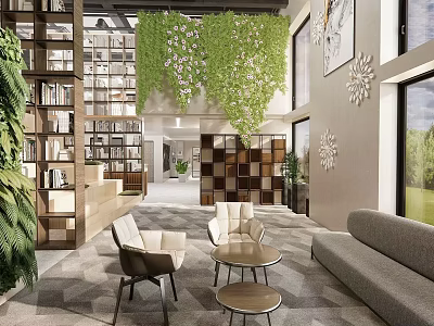 Modern Office Interior With Green Living Wall Bookshelves And Comfortable Seating Area 3d model