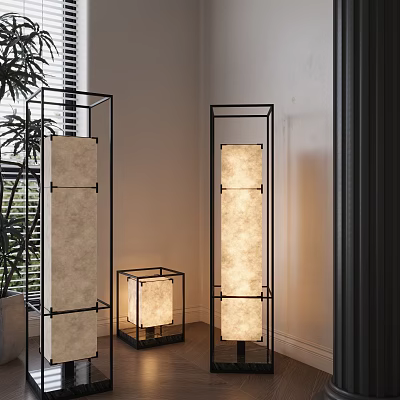 Black Metal Frame Floor Lamp with Square Design Beige Lampshade and Small Table Lamp in Modern Room 3d model