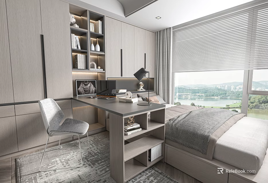 Modern Tatami Bedroom Interior With Desk Chair Bookshelf And Scenic Window View 3d model 