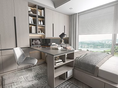 Modern Tatami Bedroom Interior With Desk Chair Bookshelf And Scenic Window View 3d model