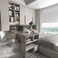 Modern Tatami Bedroom Interior With Desk Chair Bookshelf And Scenic Window View