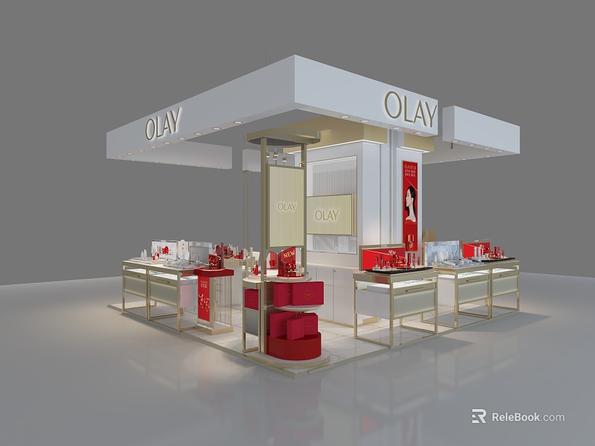 OLAY Retail Store Counter With White Design And Red Displayed Products 3d model 