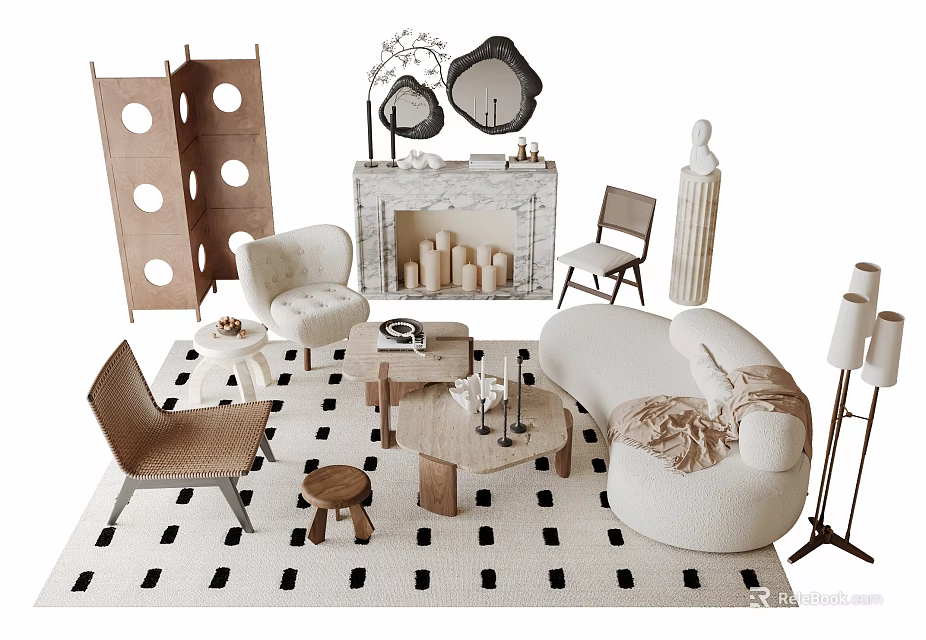 Modern Living Room Sofa Coffee Table Set With Rug Chair Fireplace And Decorative Mirror 3d model 