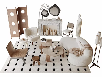 Modern Living Room Sofa Coffee Table Set With Rug Chair Fireplace And Decorative Mirror 3d model