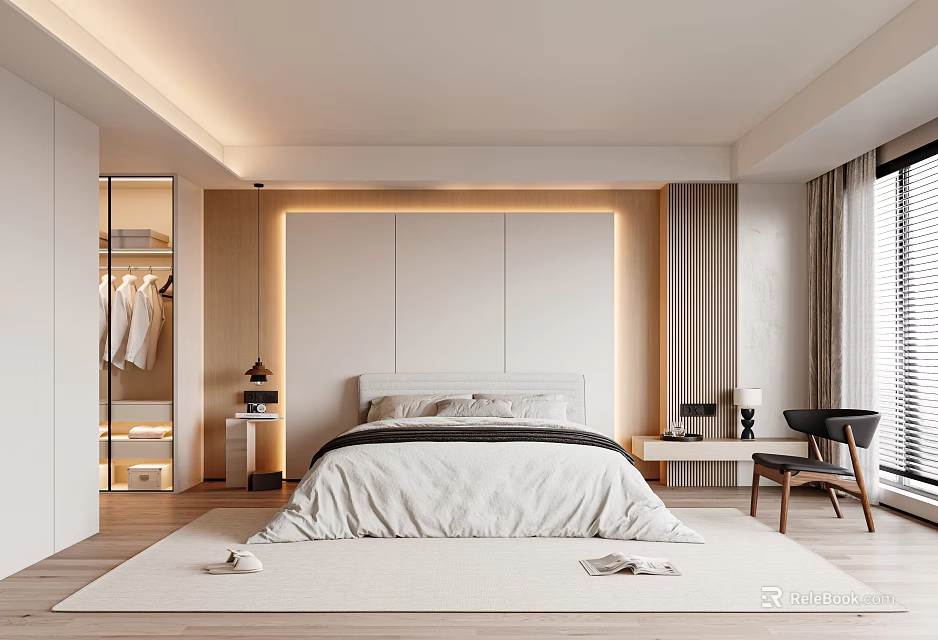 Modern Bedroom Interior Design With LED Lit Headboard Wall Open Wardrobe And Wooden Floor 3d model 
