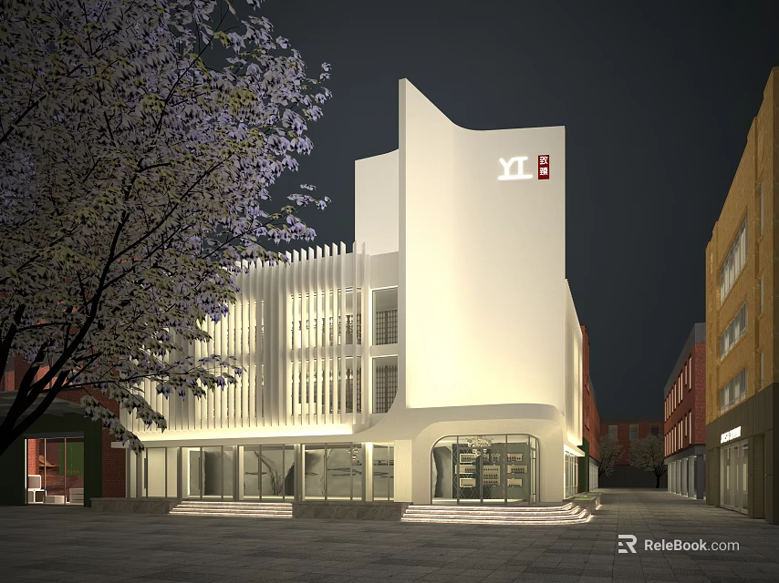 Modern Office Building With White Exterior Night Lighting And Purple Flowering Tree 3d model 
