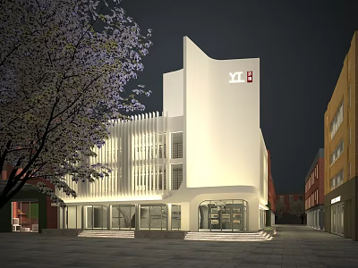 Modern Office Building With White Exterior Night Lighting And Purple Flowering Tree 3d model
