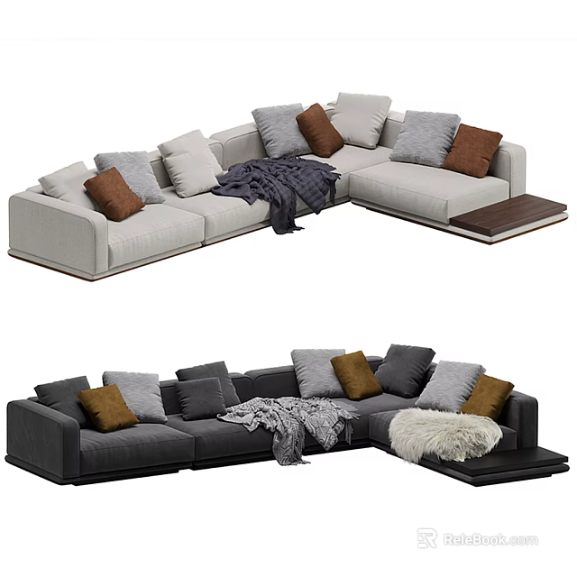Light and Dark Colored Sectional Sofa with Corner Design Gray Brown Pillows and Blanket 3d model