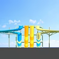 Water Slides Play Equipment Featuring Multiple Blue And Yellow Slides Support Structure And Pool 3d model