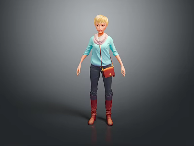Blonde Female Character In Light Blue Top Dark Pants Red Boots With Brown Crossbody Bag 3d model