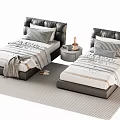 Modern Single Beds with Black Leather Headboards Striped Bedspreads Plaid Pillows and Striped Rug