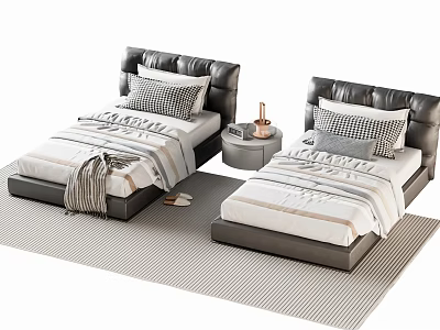 Modern Single Beds with Black Leather Headboards Striped Bedspreads Plaid Pillows and Striped Rug 3d model