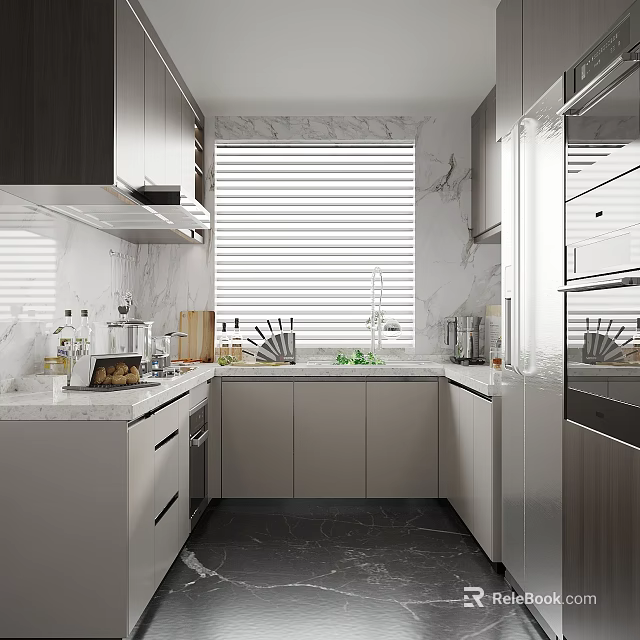 Modern Kitchen With Marble Walls Grey Cabinets White Countertops And Stainless Steel Appliances 3d model 