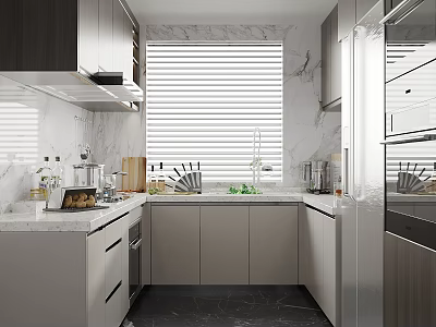 Modern Kitchen With Marble Walls Grey Cabinets White Countertops And Stainless Steel Appliances 3d model