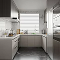 Modern Kitchen With Marble Walls Grey Cabinets White Countertops And Stainless Steel Appliances