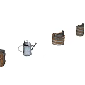 Rustic Household Items Collection Featuring Wooden Buckets and Metal Watering Can