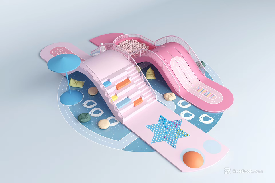 Pastel Pink Kids Playground Scene With Slide Stairs Star Pattern And Circular Elements 3d model 