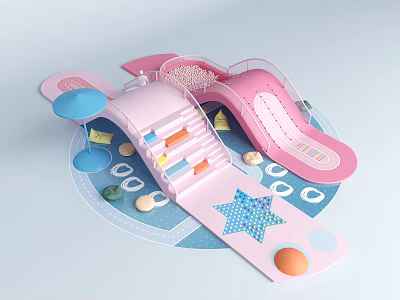 Pastel Pink Kids Playground Scene With Slide Stairs Star Pattern And Circular Elements 3d model