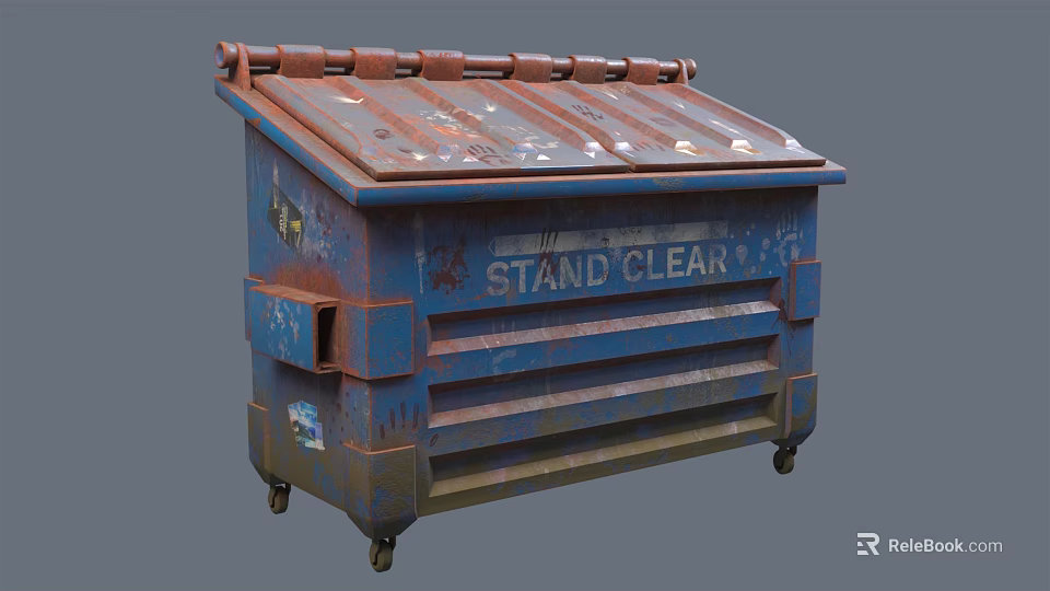 Public Facility Rusty Blue Red Trash Bin With Stand Clear Sign And Wheels 3d model 