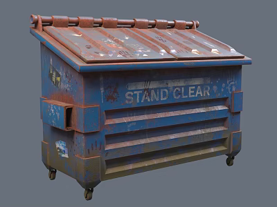 Public Facility Rusty Blue Red Trash Bin With Stand Clear Sign And Wheels 3d model