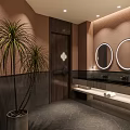 Footprint Logo Modern Lobby With Wooden Decor Dark Floor Blue Screen And Geometric Desk