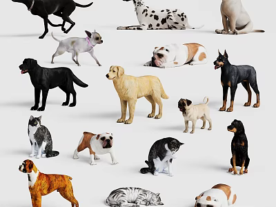 Various Dog and Cat Breeds in Different Postures and Coat Colors 3d model
