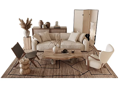Natural Wabi Sabi Beige Fabric Sofa And Solid Wood Coffee Table Combination For Modern Home 3d model