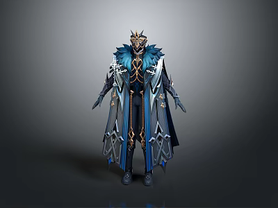 Fantasy Character In Blue Cloak With Mythical Bird Inspired Crown And Armor 3d model