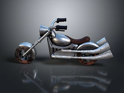 Shiny Silver Motorcycle With Brown Leather Seat Black Handlebars And Chrome Exhaust Pipes 3d model