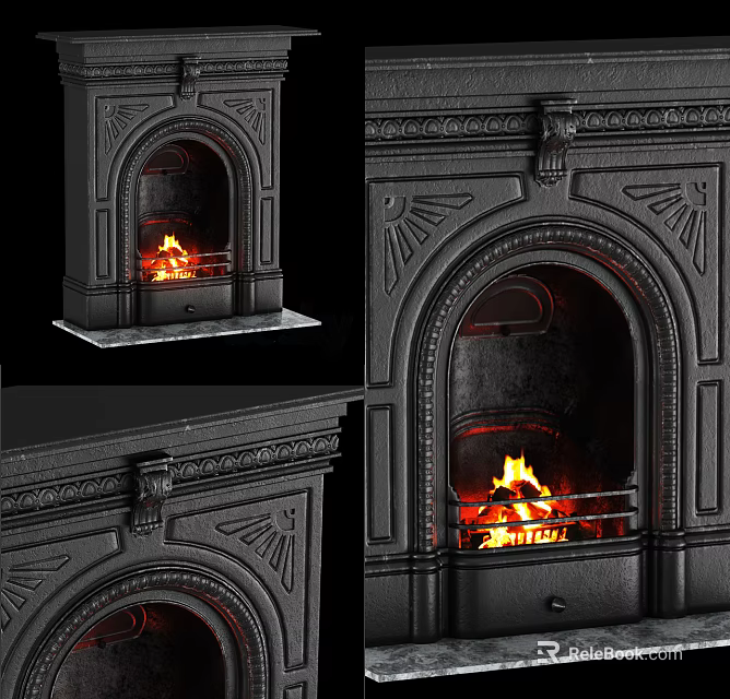 Black Ornate Fireplace With Classic Carvings And Burning Flames On Marble Base 3d model 