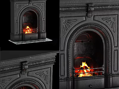Black Ornate Fireplace With Classic Carvings And Burning Flames On Marble Base 3d model