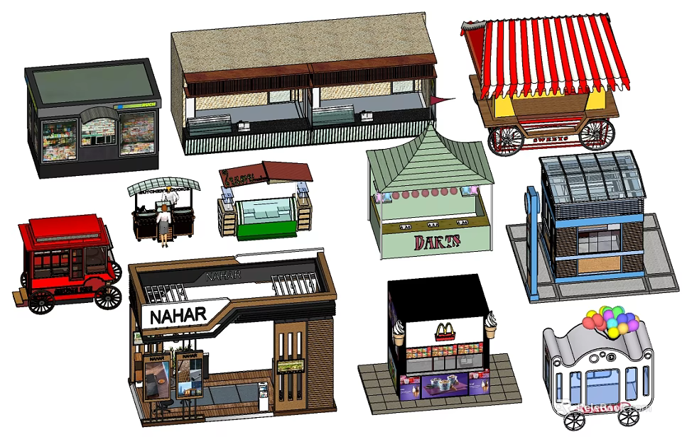 Various Small Retail Stalls And Food Carts With Different Storefront Designs 3d model 