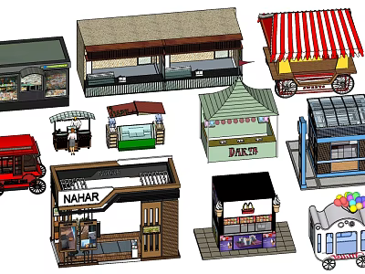 Various Small Retail Stalls And Food Carts With Different Storefront Designs 3d model