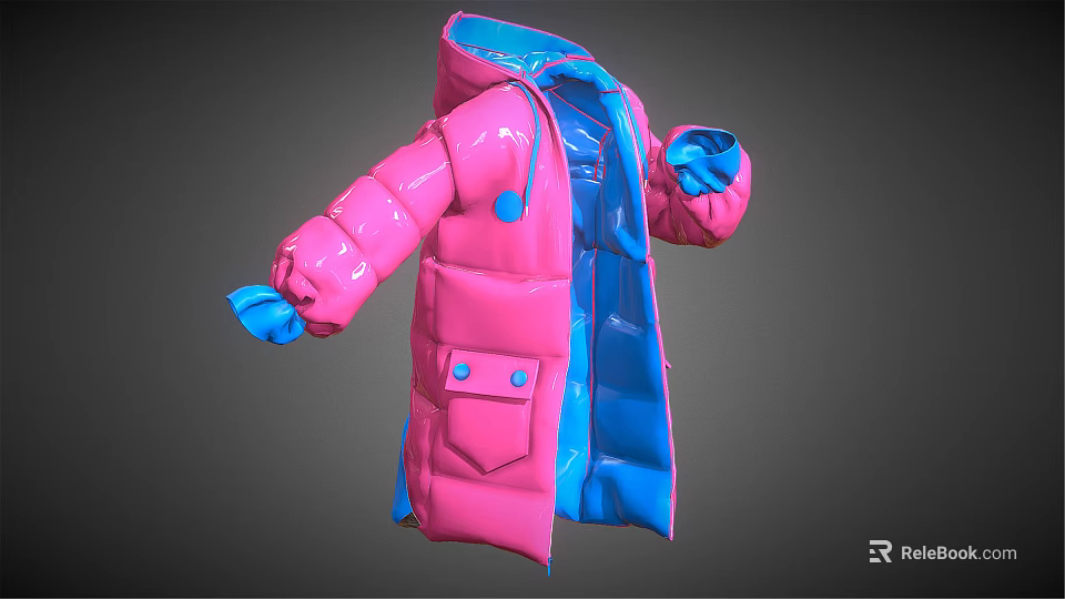 Shiny Pink And Blue Puffer Jacket 3D Model With Blue Cuffs And Pockets 3d model 