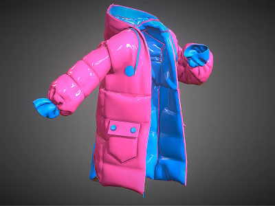 Shiny Pink And Blue Puffer Jacket 3D Model With Blue Cuffs And Pockets 3d model