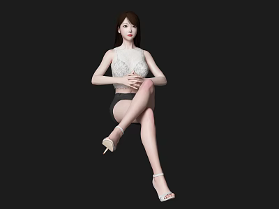 Woman Wearing White Lace Top Black Shorts Crossed Legs High Heels On Black Background 3d model