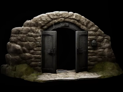 Cartoon Scene of Stone Archway with Double Black Doors Stone Walls and Green Grass Entrance 3d model