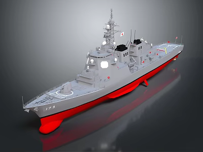 Modern Warship With Gray Hull Red Bottom Mast And Radar Systems 3d model