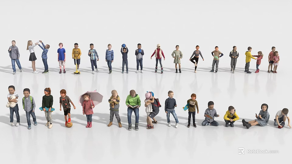 Multiple People Figures in Various Poses Different Clothing Standing and Sitting on White Background 3d model 