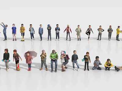 Multiple People Figures in Various Poses Different Clothing Standing and Sitting on White Background 3d model