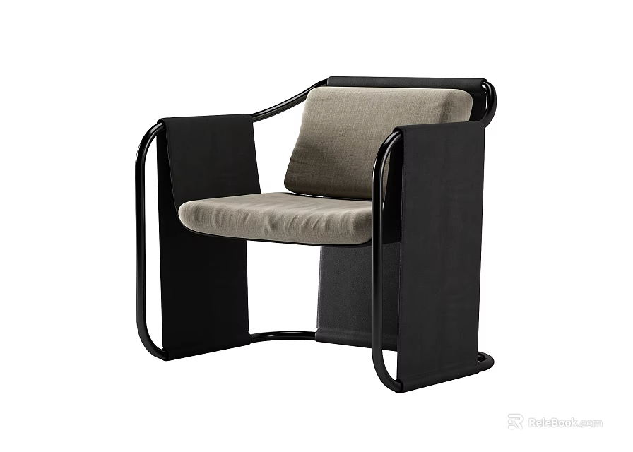 Modern Sleek Single Sofa With Black Metal Frame And Light Gray Fabric Upholstered Cushion 3d model 