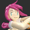 Woman With Pink Hair Blue Eyes In White T-Shirt And Colorful Bracelets With Arms Crossed