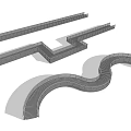 Curved Modern Walkway With Metal Railings Tall Trees And Water Feature